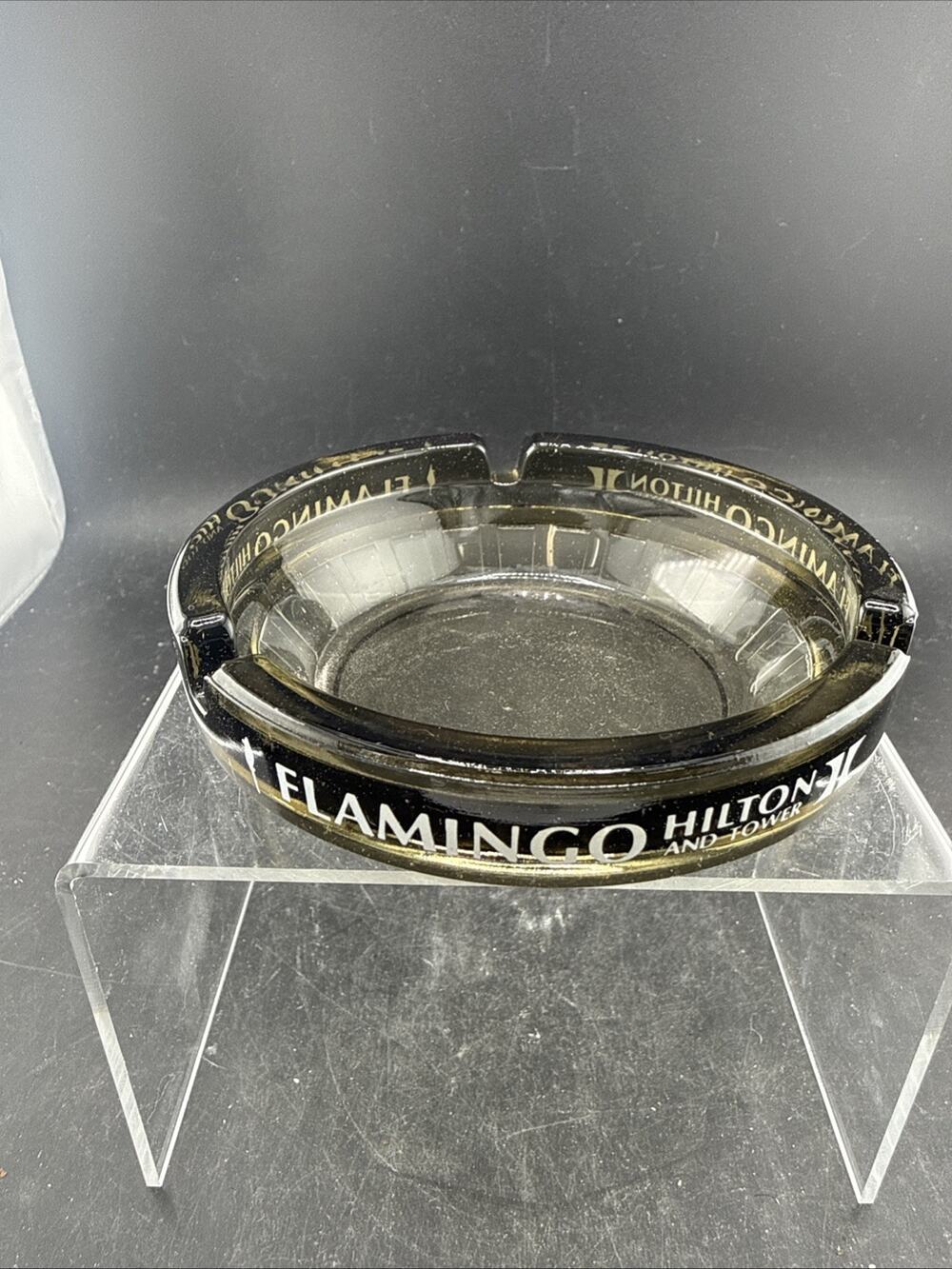 Vintage Black Glass Ashtray ~ Flamingo Hilton and Tower Hotel & Casino Las Vegas